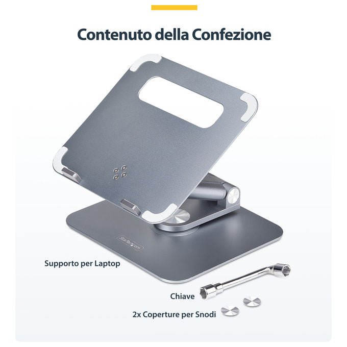 StarTech.com, Supporto PC Portatile con Base Girevole 360°, Regolabile in Altezza, Alluminio, Argento