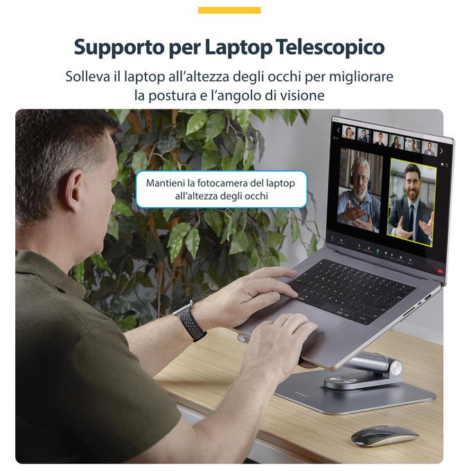 StarTech.com, Supporto PC Portatile con Base Girevole 360°, Regolabile in Altezza, Alluminio, Argento