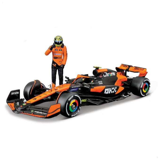 Bburago, McLaren MCL38 #4 Lando Norris GP Miami 2024 con figura, Modellino Auto F1 Scala 1:24