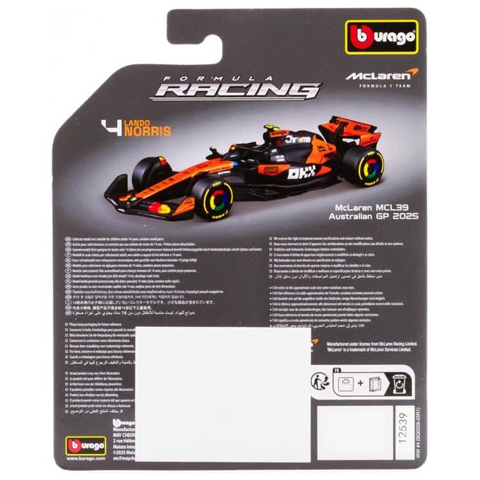 Bburago, Modellino Auto da Corsa McLaren MCL39 No.4 Lando Norris, 1-64, Stagione 2025