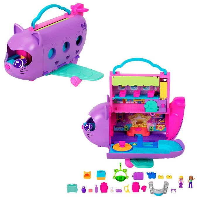Polly Pocket Mattel, Playset Kitty Airways, Aereo con 2 Micro Bambole e Accessori