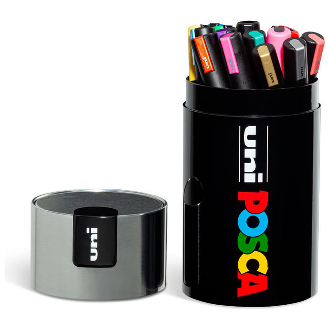 Posca Uni Posca, Set 18 Pennarelli Acrilici Assortiti, Punta Media 2,5 mm, Colori per Tessuti, Legno, Gift Box Argento