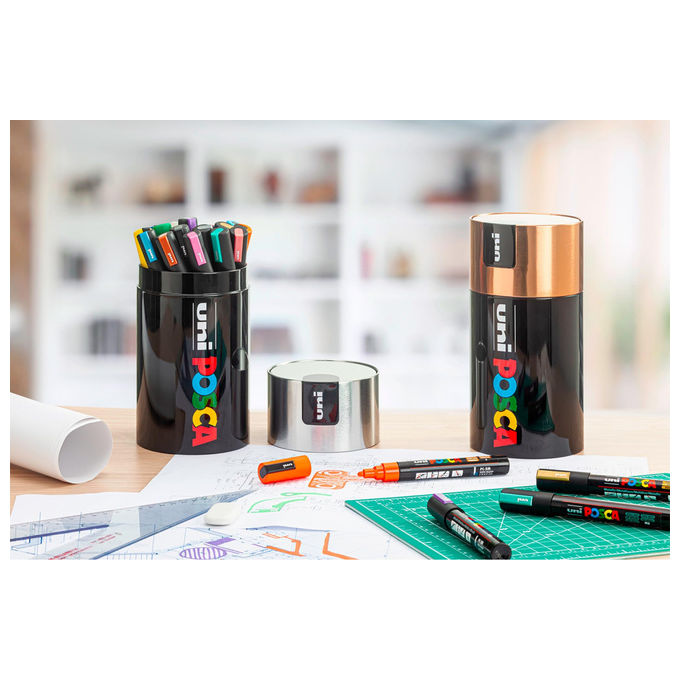 Posca Uni Posca, Set 18 Pennarelli Acrilici Assortiti, Punta Media 2,5 mm, Colori per Tessuti, Legno, Gift Box Argento