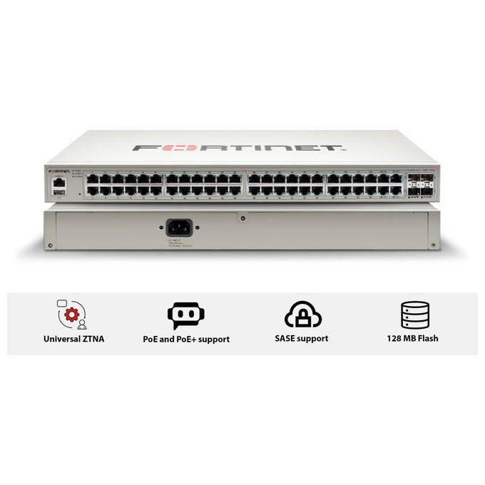 Fortinet, Switch L2+ Gestito, 48 Porte GE, 4 Porte SFP+, Supporto PoE 370W, FortiSwitch 148F-POE