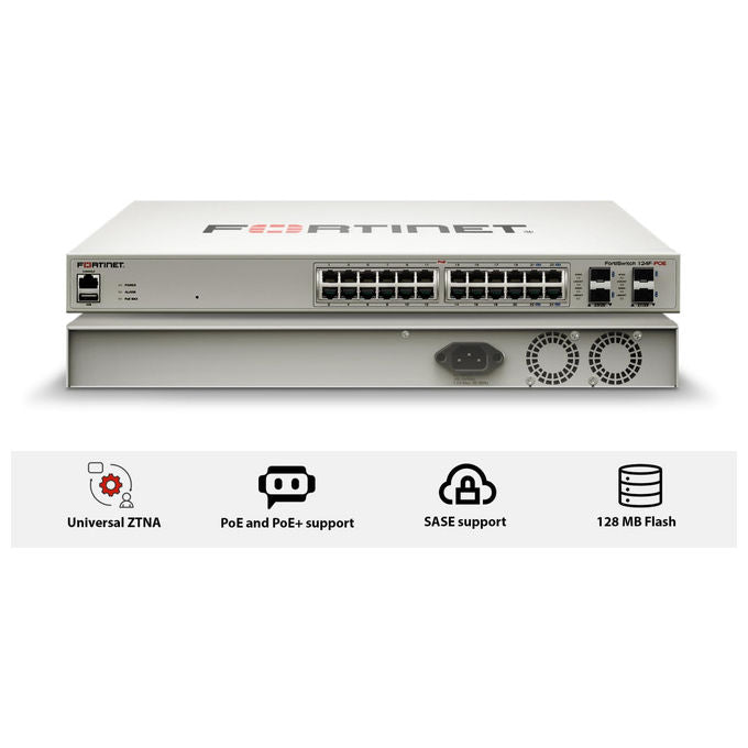 Fortinet, Switch L2+ Managed POE, 24 Porte GE, 4 SFP+, Montaggio Rack