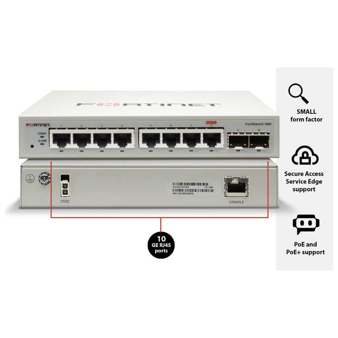 Fortinet, Switch, 8 Porte GE RJ45, 2 Porte SFP, FortiSwitch 108F