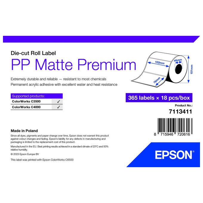 Epson, Etichetta per Stampante Autoadesiva, 102 mm x 76 mm, Bianca