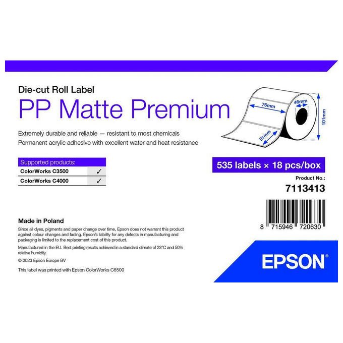 Epson 7113413, Etichetta per Stampante Autoadesiva, 76x51mm, Opaca, Rotolo Bianco