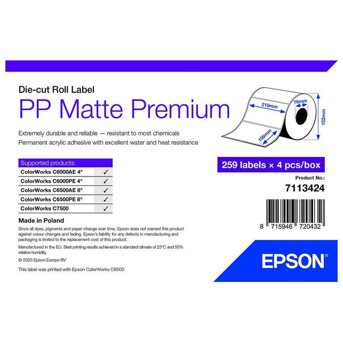 Epson, Etichetta per Stampante Autoadesiva, Bianca, 21x10.5 cm, 7113424