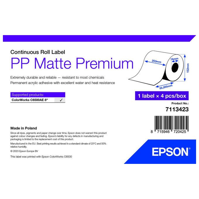 Epson, Etichetta per Stampante, Autoadesiva, Rotolo Continuo, 210 mm x 55 m, Bianca