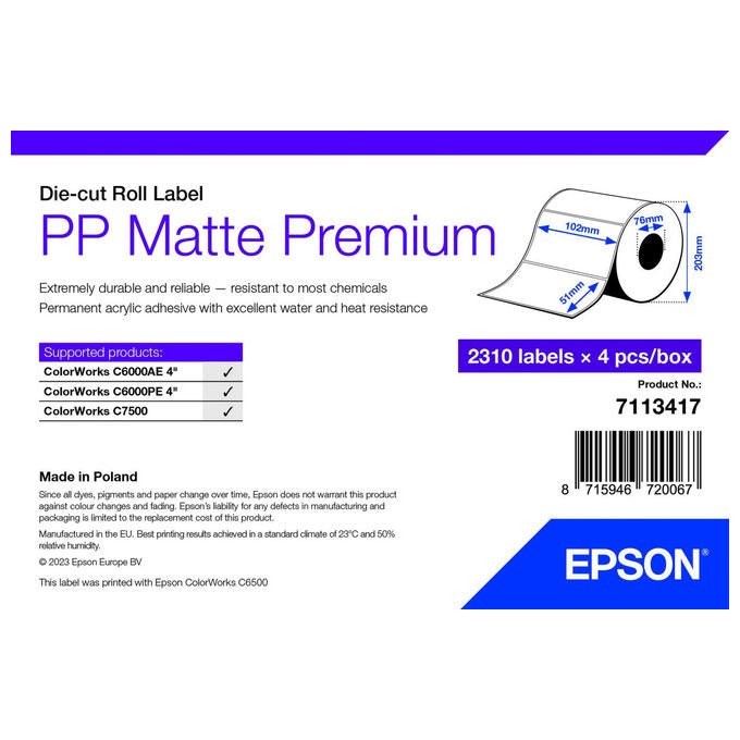 Epson, Etichetta per Stampante, 102mm x 51mm, Opaca, Polipropilene, 7113417 - Yeppon
