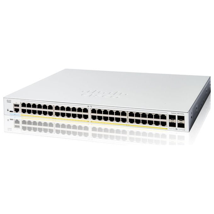 Cisco, Switch Catalyst 1200-48P-4G, 48 Porte GE, PoE, 4x1GE SFP, Montabile su Rack, Bianco
