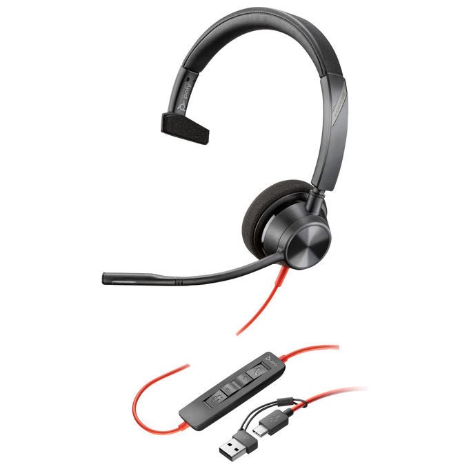 Hp Poly Blackwire 3310, Cuffie Monaurali, USB-C, Con Adattatore USB-C-A, Nero
