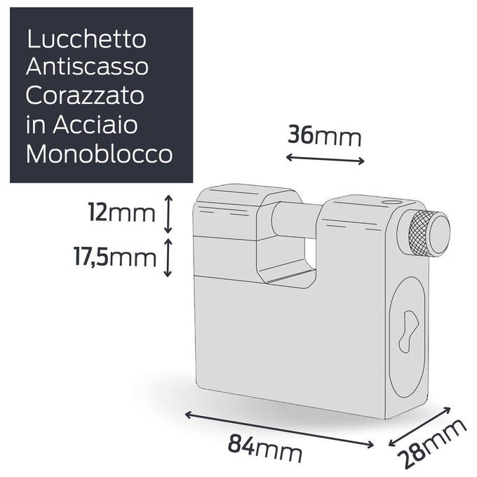 Cisa, Lucchetto Corazzato Acciaio, Antiscasso 84mm, Chiave Lim per Serrande