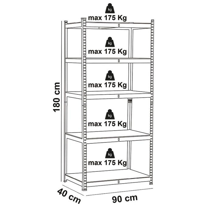 Vigor, Scaffalatura 5 Piani Legno Mdf, 90x40x180h, Kit Lamiera