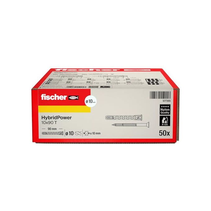 Fischer, Tasselli Prolungati HybridPower 50x, Nylon e Acciaio, Vite Svasata Piana Torx, 577365