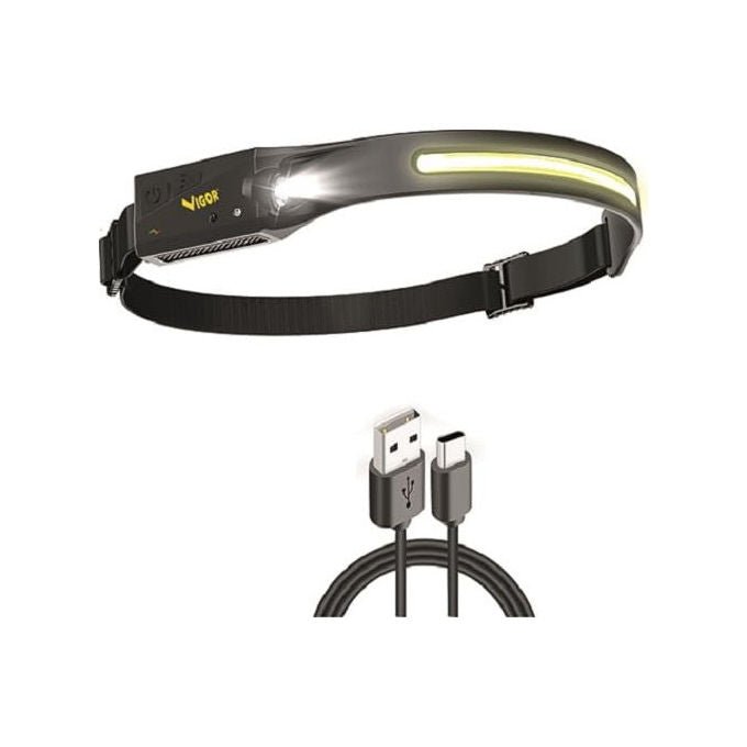 Vigor, Torcia Frontale LED Trail-USB, 350 Lumen, 5 Modalita', Sensore Movimento