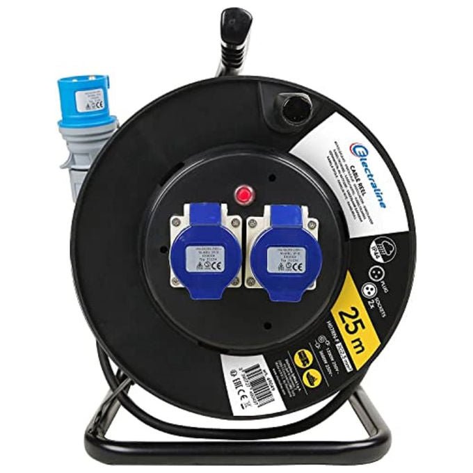 Electraline, Avvolgicavo Industriale, 25 m, 2 Prese IEC, Spina CEE, Per Camper, Nero-Blu