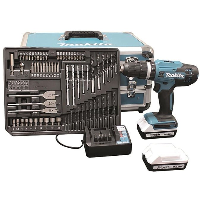Makita, Trapano Avvitatore a Percussione 18V, 2 Batterie 2Ah, Valigetta Alluminio con 70 Accessori