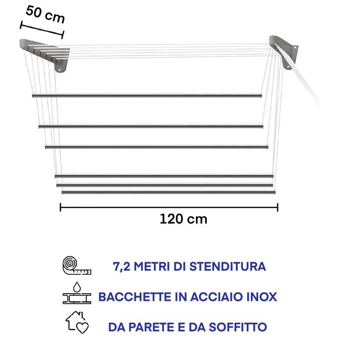 Jumbo, Stendino a Parete-Soffitto InoxSteed120, Acciaio Inox, 120 cm, Saliscendi, Made in Italy