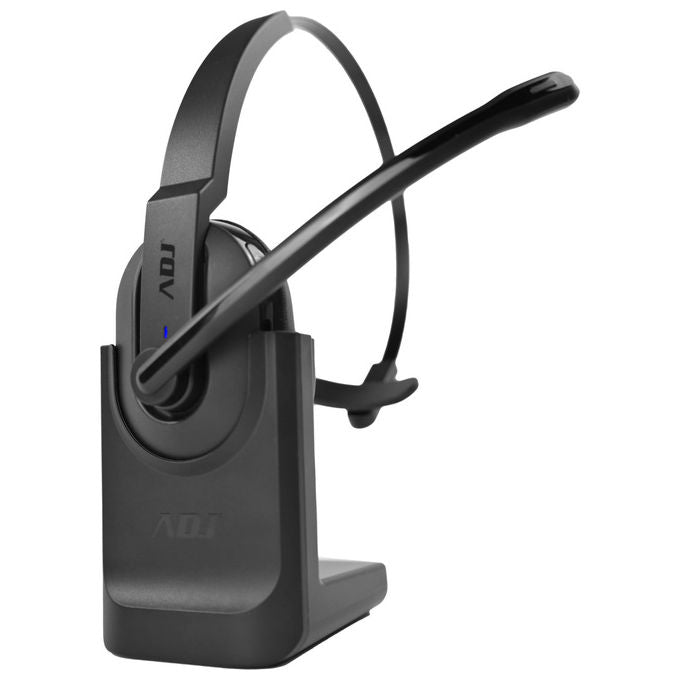 ADJ, Cuffie Mono con Microfono Bluetooth, Cancellazione Rumore AI, Base di Ricarica, Nero