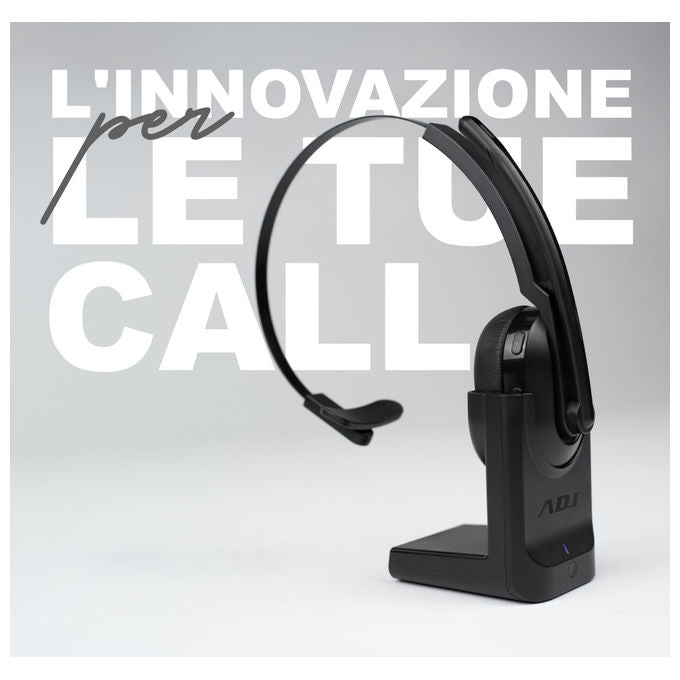 ADJ, Cuffie Mono con Microfono Bluetooth, Cancellazione Rumore AI, Base di Ricarica, Nero