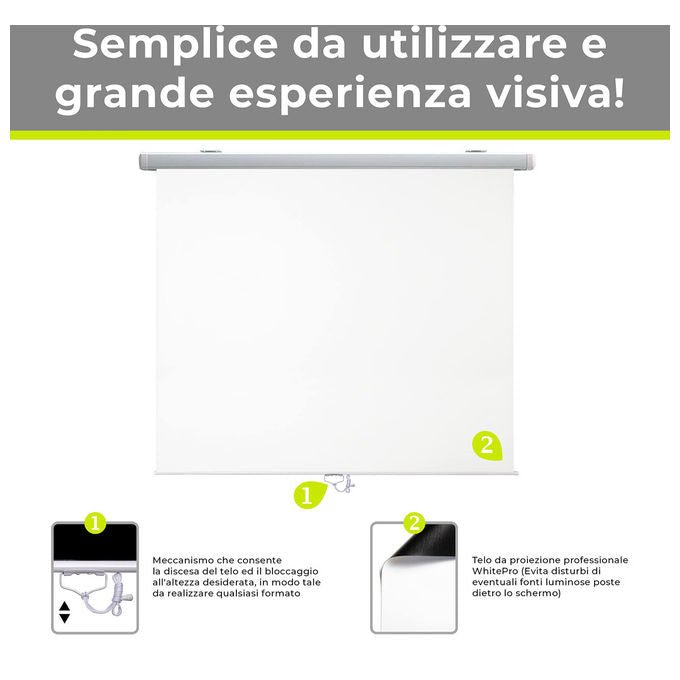 Gainup, Schermo Proiettore Manuale, 200x200 cm, A Molla, Telo Bianco Ottico