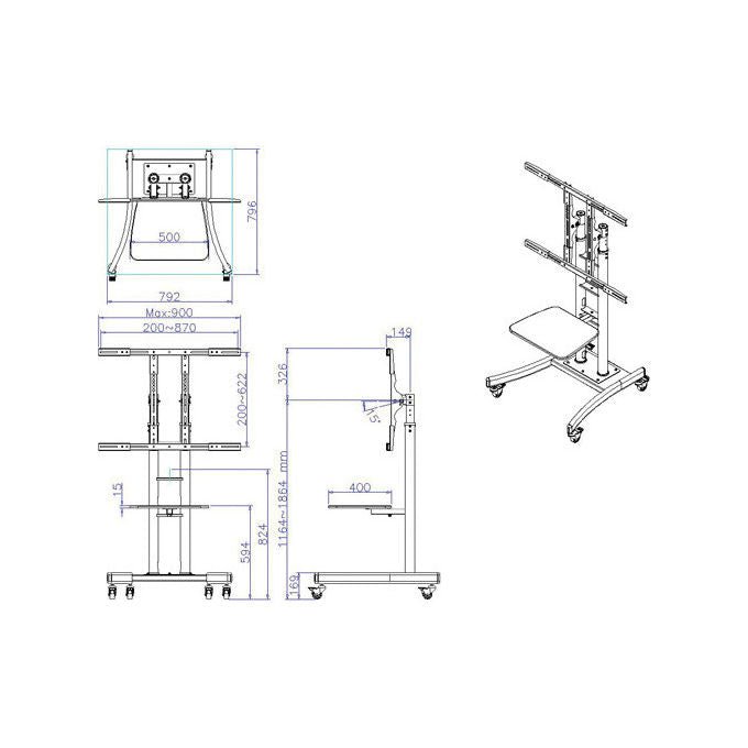 Value, Supporto Display Espositivo, 81-254 cm, 125 kg, Nero, Carrello Mobile TV