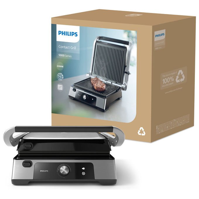 Philips, Grill Elettrico Bistecchiera Serie 5000, 2200W, Apertura 180°, Piastre Rimovibili, HD6301-90