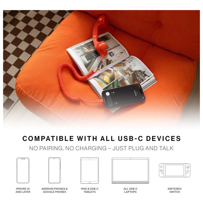 Native Union, Pop Phone retro' USB-C, Auricolare con microfono e altoparlante per iPhone, iPad, laptop, colore Caramella
