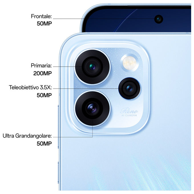 Oppo, Reno15 Pro 5G AI Smartphone, Tripla fotocamera 200MP, 12GB RAM, 512GB ROM, Aurora Blue