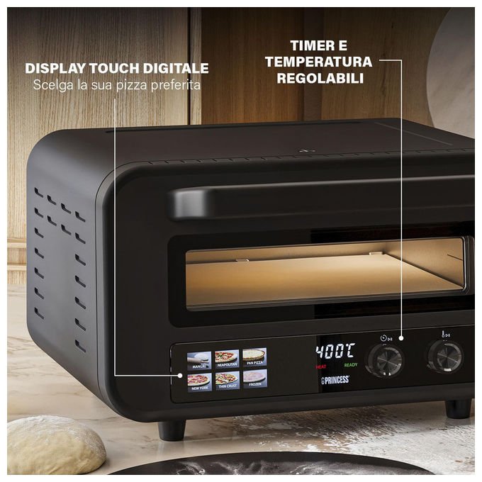 Princess 112780 Pro Max Forno per Pizza 15 L 400°C 2100 W Controllo Digitale Touch Pietra e Pala Incluse colore Nero