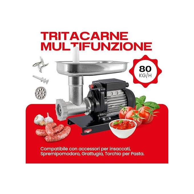 Reber, Tritacarne Elettrico N.8, 450W, Corpo in Ghisa Stagnata, Coltello e Piastra in Acciaio Inox