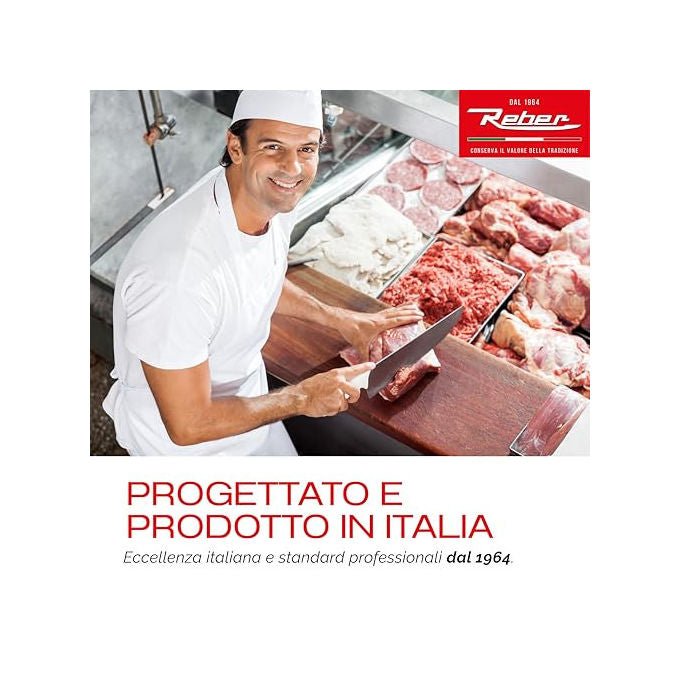 Reber, Tritacarne Elettrico N.8, 450W, Corpo in Ghisa Stagnata, Coltello e Piastra in Acciaio Inox