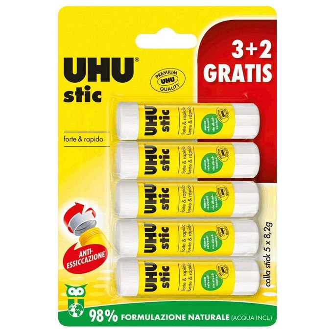 Uhu, Stic Colla, 5x8.2g, Per Bambini, Non Tossica, Per Scuola, Ufficio