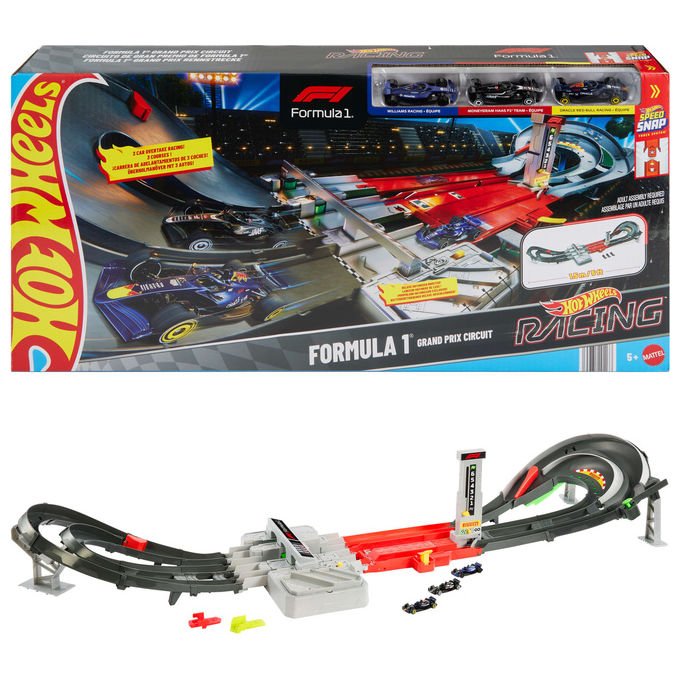 Hot Wheels, Racing Formula 1 Grand Prix Circuit, Pista da corsa con 3 veicoli