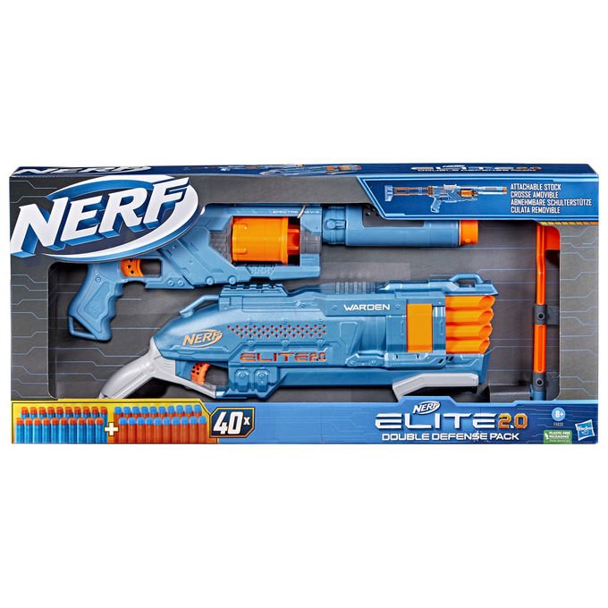 Nerf F5033 Elite 2.0 Double Defense Pack Blaster Giocattolo 2 Blaster 40 Dardi colore Blu e Arancione