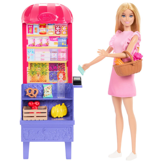 Barbie, Bambola Malibu al Mercato, Playset con 11 Accessori