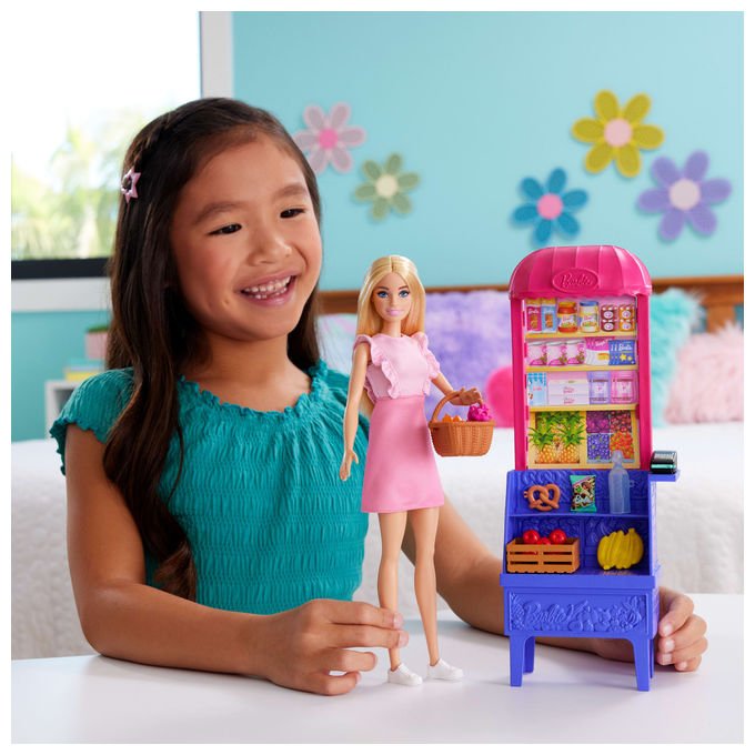 Barbie, Bambola Malibu al Mercato, Playset con 11 Accessori