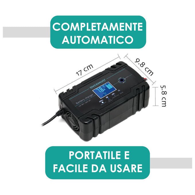 Overmust, Caricabatterie Auto LCD, 12V - 8A, 24V - 4A, Protezione Sovraccarico e Cortocircuito, Nero - Yeppon
