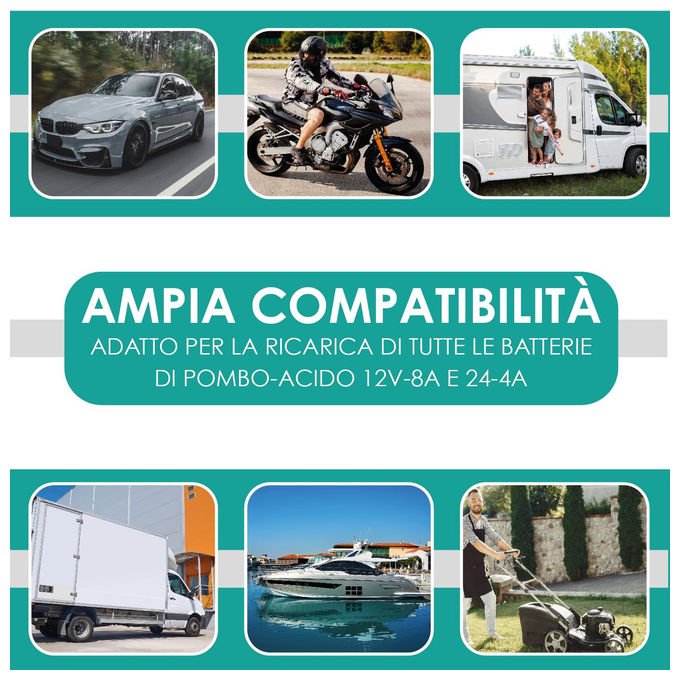 Overmust, Caricabatterie Auto LCD, 12V - 8A, 24V - 4A, Protezione Sovraccarico e Cortocircuito, Nero - Yeppon