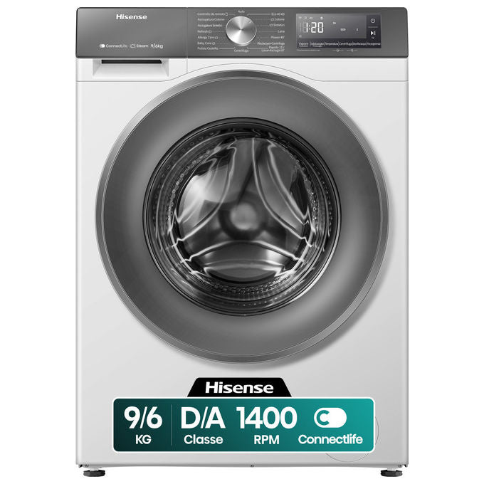 Hisense WD3S9043BW7 Lavasciuga 9 + 6 Kg 1400 Rpm 15 Programmi Automatici Vapore Motore Inverter Classe Energetica A-30%-D Display Led Grigio WiFi