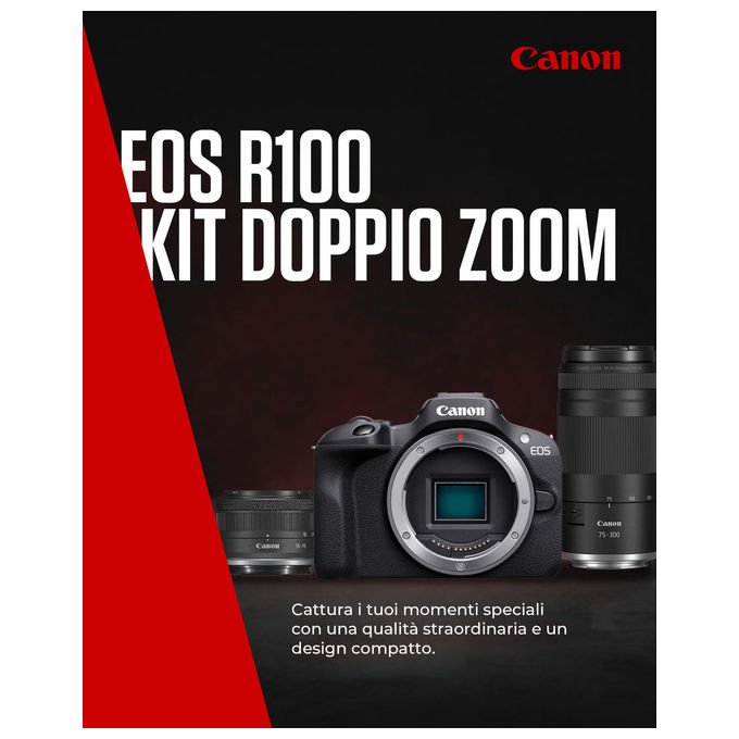 Canon, Fotocamera Mirrorless APS-C, KIT_ Doppio Zoom RF-S 18-45mm + 75-300mm, 24,1MP, Video 4K