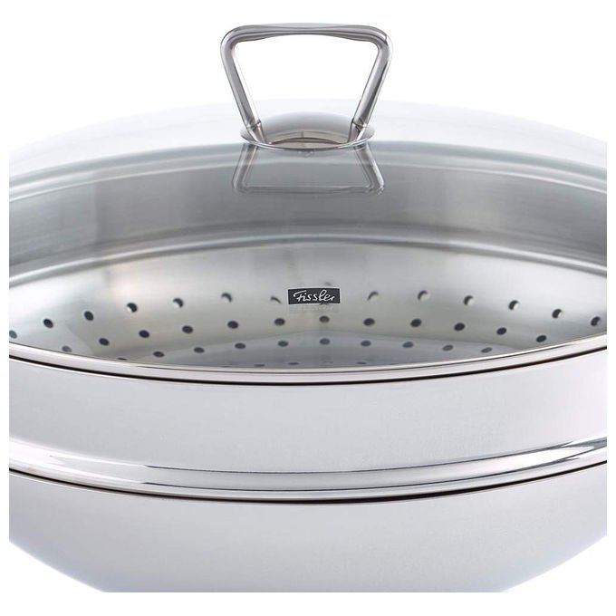 Fissler Padella Wok Nanjing 36 cm con Coperchio in Vetro e Inserto Vaporiera Acciaio Inox
