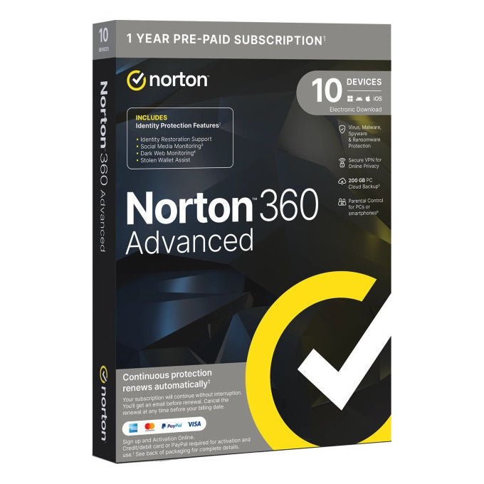 Norton 360 Advanced 2026, antivirus e sicurezza online, 10 dispositivi, backup cloud 200 GB, licenza elettronica 1 anno