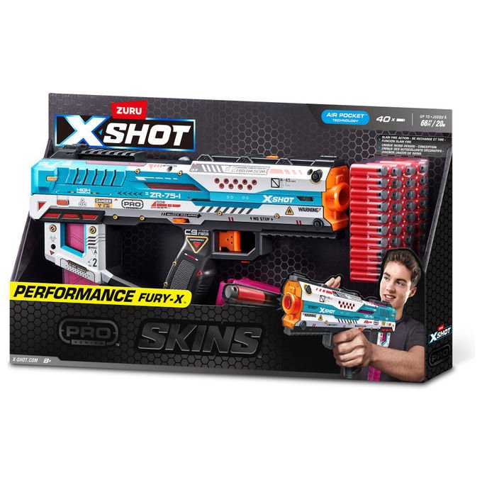 Zuru X-Shot Pro Series 1 Fury X, blaster giocattolo, slam fire action, 40 dardi Air Pocket, caricatore da 20, gittata 43 metri