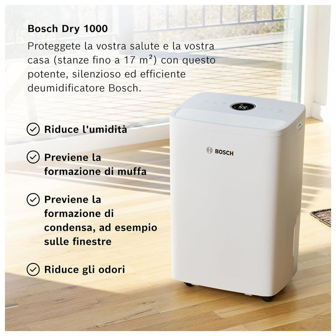 Bosch Dry 1000 Deumidificatore 2.5 L 36 dB 10 l-24h Bianco