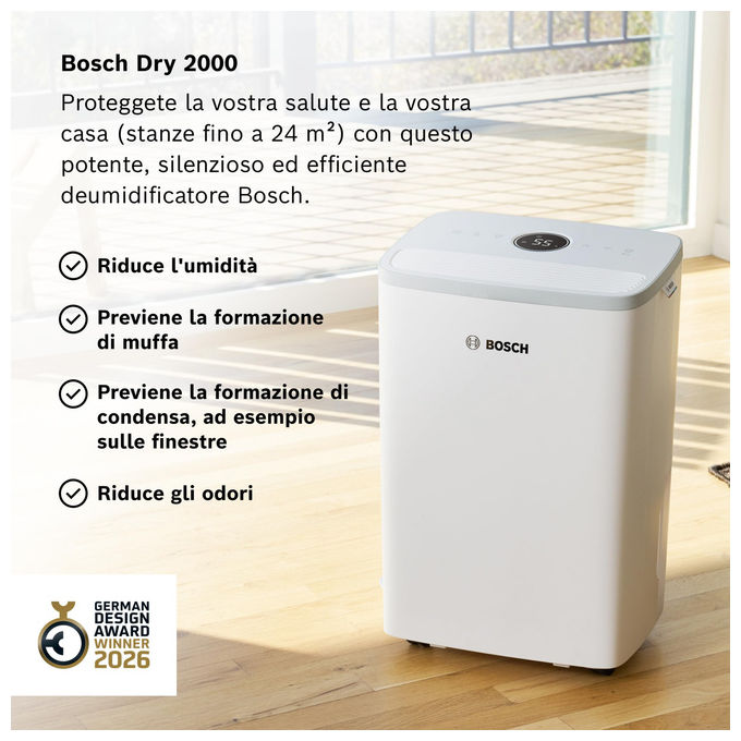 Bosch Thermotechnik Deumidificatore Fino a 24 m² 12 Litri al Giorno Silenzioso