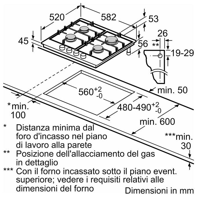 Bosch Serie 4 PGP6B6K80 Piano Cottura a Gas 60 cm 4 Fuochi Acciaio Nero