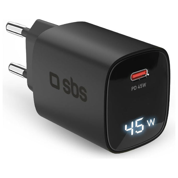 Sbs, Alimentatore USB-C 45W, Tecnologia GaN, Power Delivery, Display LCD, Nero